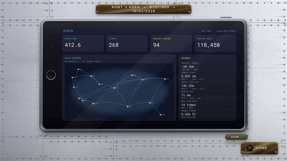 Debrief Pro Stats screen on the in-app tablet: hours flown, flights, airports visited and nautical miles, a route network map and personal records