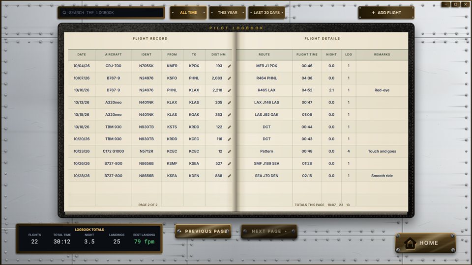 Debrief Pro Logbook page: a paper-style pilot logbook listing flights with aircraft, route, flight time and landings, with logbook totals below