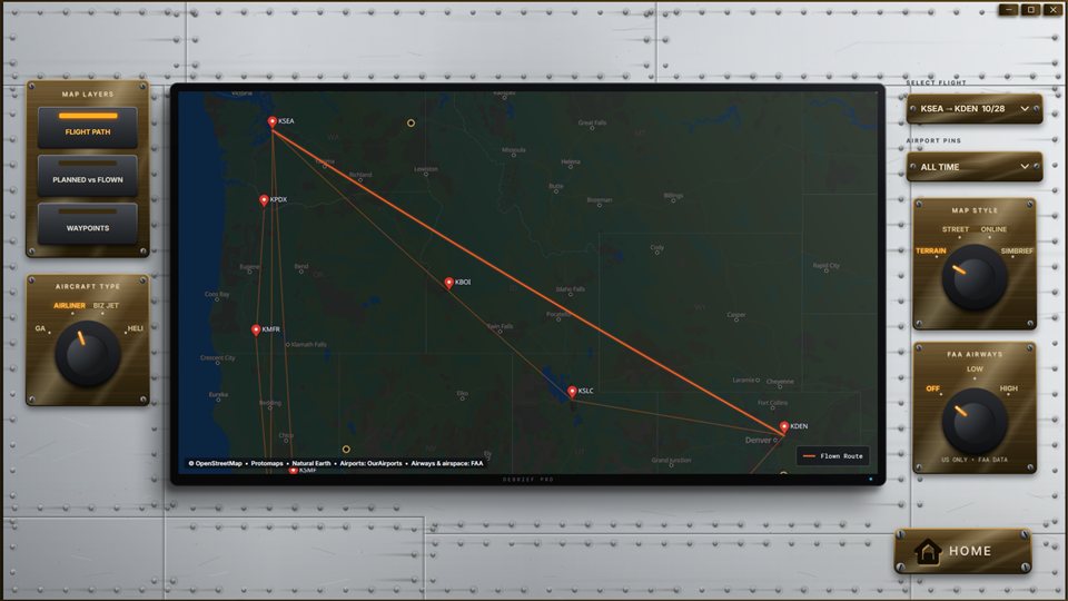 Debrief Pro Maps page: a flown route from Seattle to Denver drawn on a dark map, with airport pins and map style controls